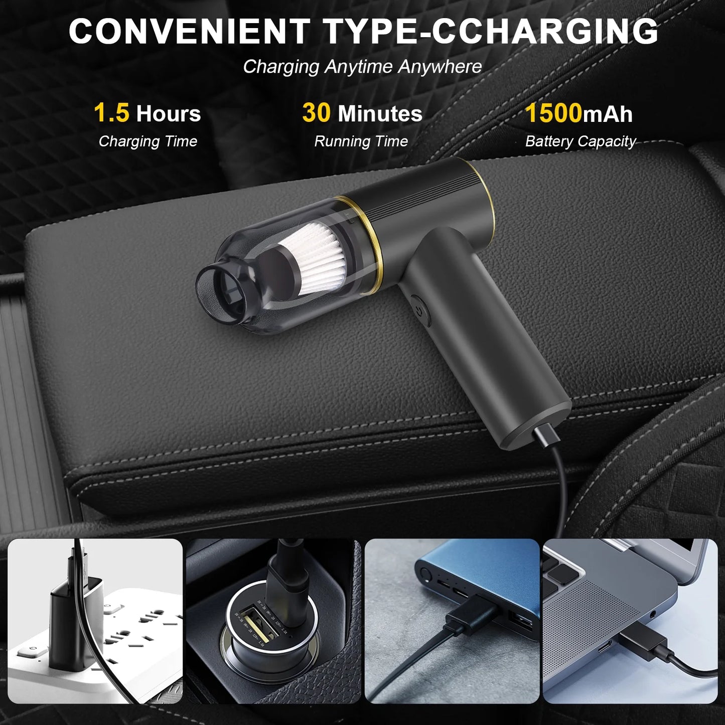 Handheld 9000Pa Car & Home Vacuum Cleaner with Multi-Nozzles for Car, Pet, Office, Home Cleaning