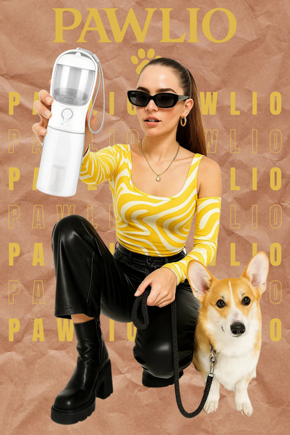 Woman holding a product with a dog on a brown background featuring the brand 'PAWLIO'.